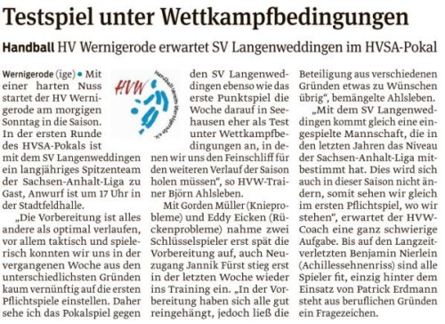 Volksstimme Vorbericht zum Pokalspiel gegen Langenweddingen am Sonntag